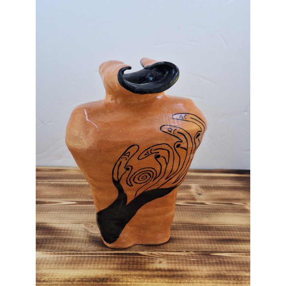 Stoneware Abstract 8" Vase‎ Curles Edge Hand Painted Western Indian Signed Dated